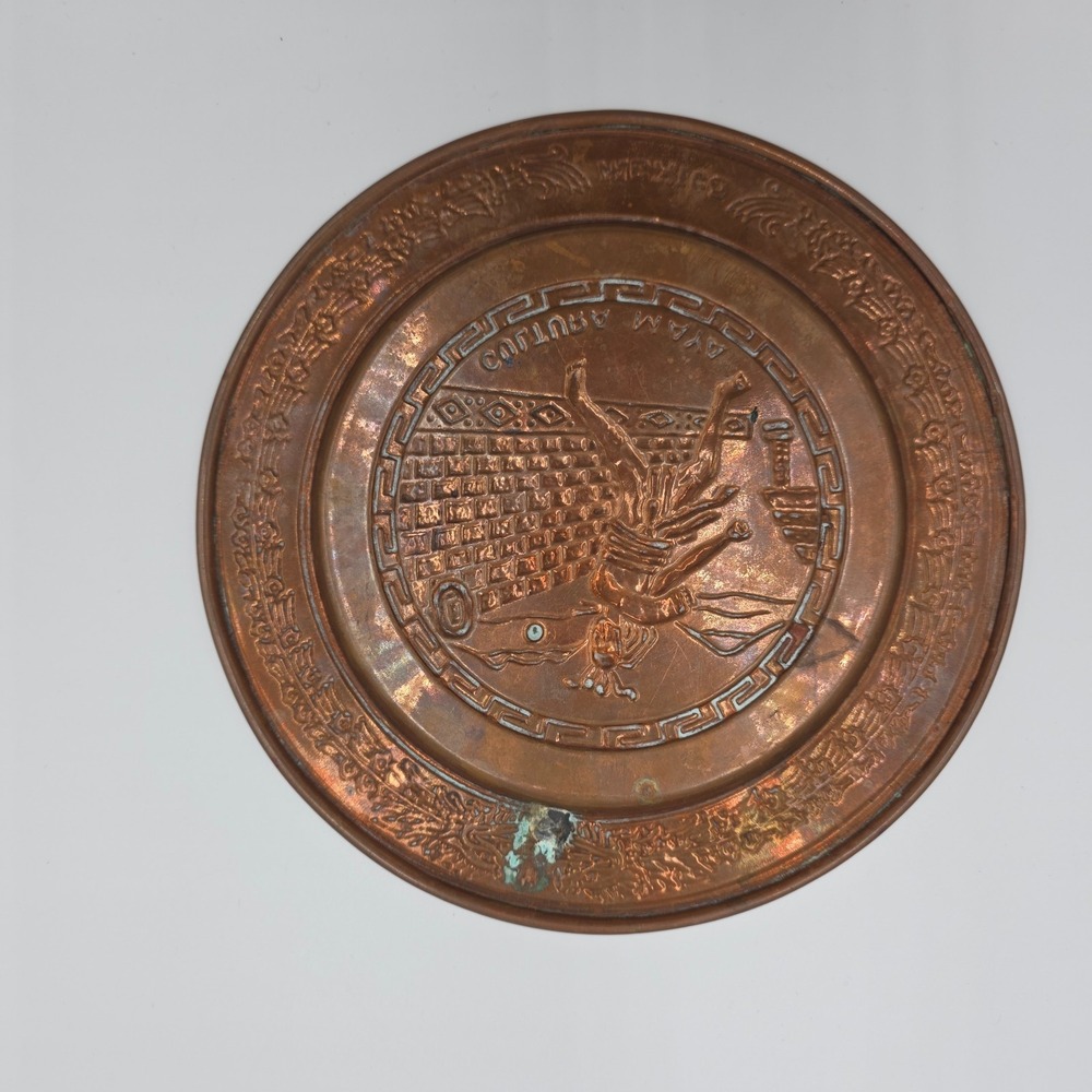 Vintage Mexico Copper/Brass Enamel Aztec Cultura Maya Plate 8" Patina - Picture 3 of 7